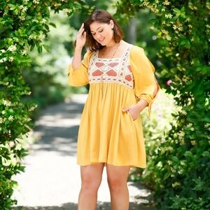 CATO Mustard Yellow Dress With Crochet Peasant Top 22/24